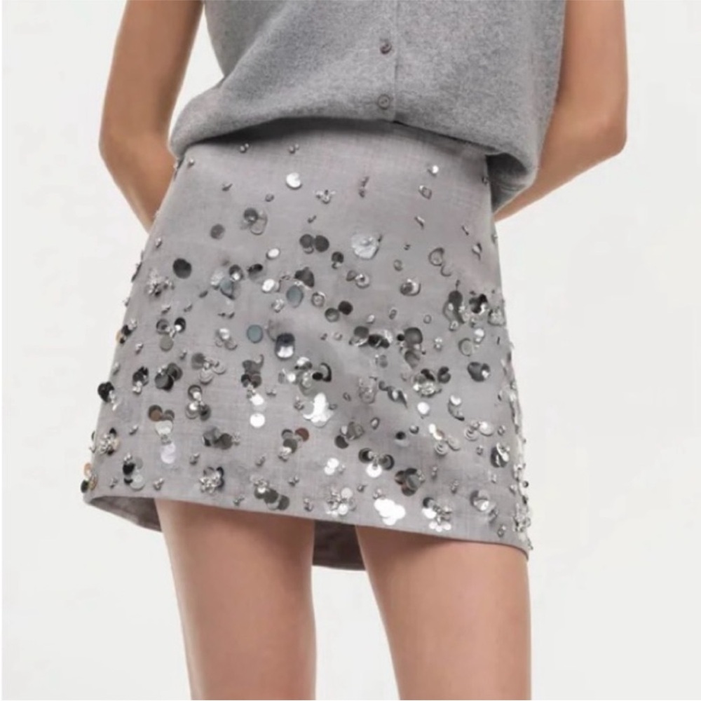 Simkhai Larissa Crystal And Sequin-Embellished Grey Wool Mini Skirt size 10 NEW